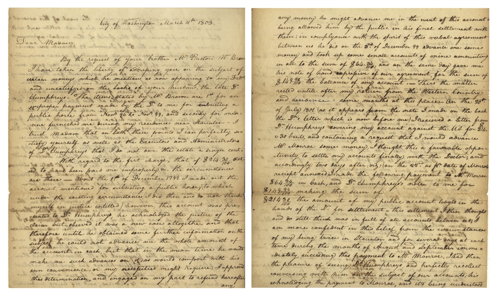 Meriwether Lewis Autograph Letter Signed, Two Months Before the Lewis & Clark Expedition -- In What Would Be Lewis' Lifelong Battle With Reimbursed Debt, He Defends Against Money He Purportedly Owes